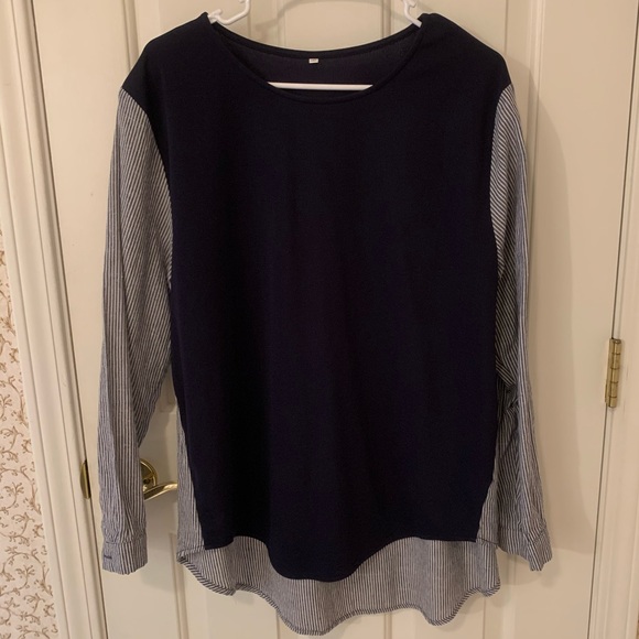 Long Sleeve Navy & Pinstripe Blouse - Picture 1 of 2